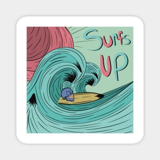 Skull on a surf board riding a wave Magnet