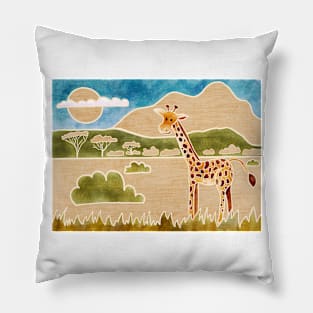 Cute Giraffe in the Savannah, Batik silk painting style Pillow