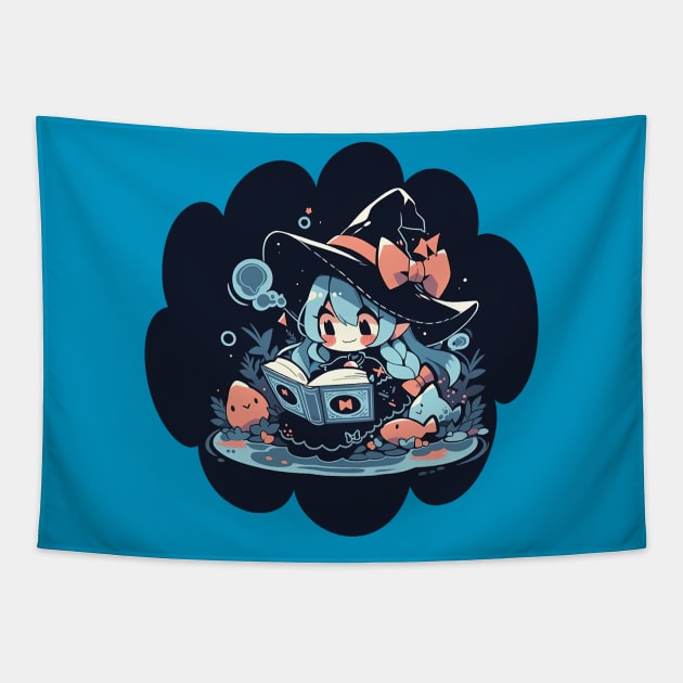 Baby Witch Pisces Zodiac Sign Reading Spell Book Chibi Style Tapestry by The Little Store Of Magic