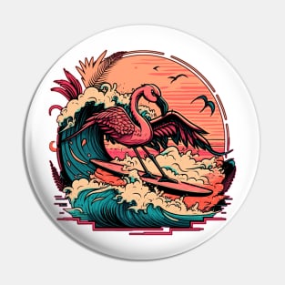 Surfing Pink Flamingo Pin