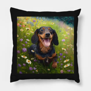 Wildflowers and Dachshund Impressionist Art Print Pillow