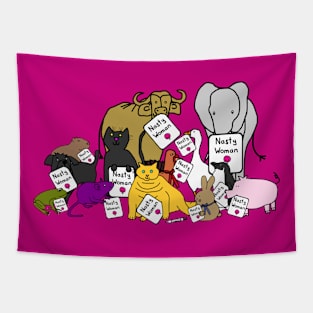 Cute Animals with Nasty Woman Signs Tapestry