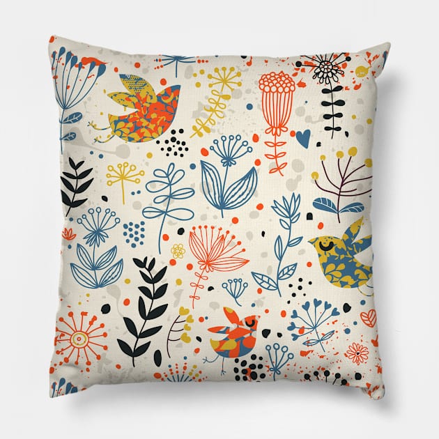 Bird & Flower Pattern Pillow by AnnieWijaya