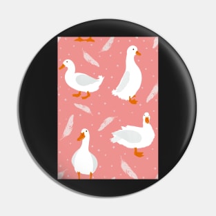 White Pekin Ducks with feathers and dots repeat pattern Pin