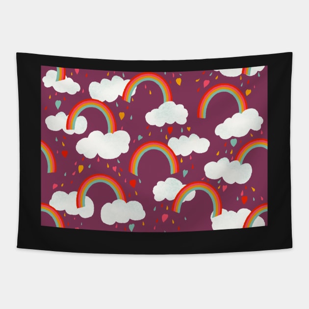 Clouds, rainbows and love hearts on a purple background Tapestry by NattyDesigns