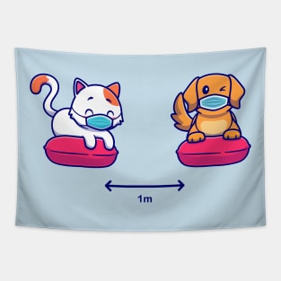 Cute Cat And Dog Social Distancing Cartoon Tapestry