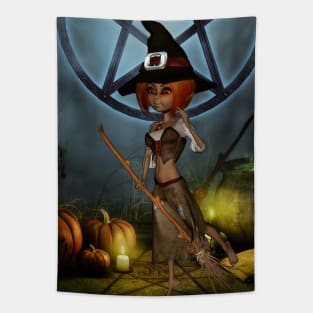 Cute little witch with pumpkin in the night Tapestry