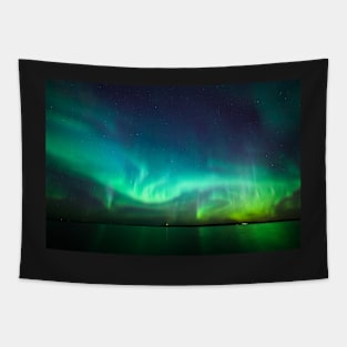 Northern lights glow over lake Tapestry