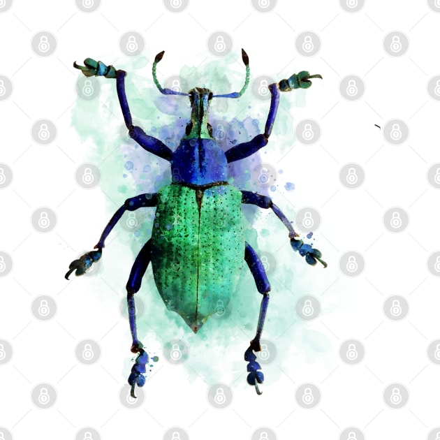 Dramabite Watercolor beetle green purple turquoise insect painting by dramabite