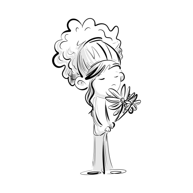 Curly Haired Girl Smelling Daisies by Jason's Doodles