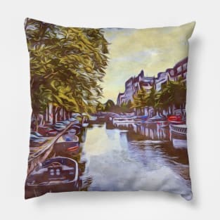 Amsterdam canal boats watercolor art painting Pillow