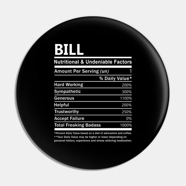 Bill Name T Shirt - Bill Nutritional and Undeniable Name Factors Gift Item Tee Pin by nikitak4um