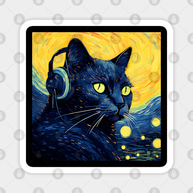 Starry Night Black Cat Wearing Headphones Magnet by VisionDesigner