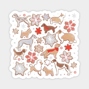 Catching ice and sweetness // spot // white background gingerbread white brown grey and dogs and snowflakes neon red details Magnet