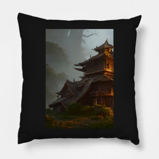 Surreal Magical Asian Tower in Beautiful Landscape and Trees by the Mountains Pillow