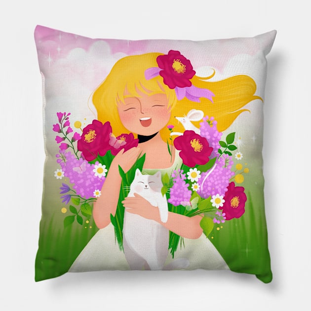 Happy country girl with flowers and friends Pillow by iulistration