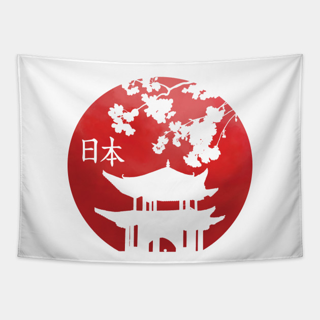 Vintage Comic Japanese Flag With Solhouette Of Temple Sakura Kanji Nature Japanese Tapestry Teepublic