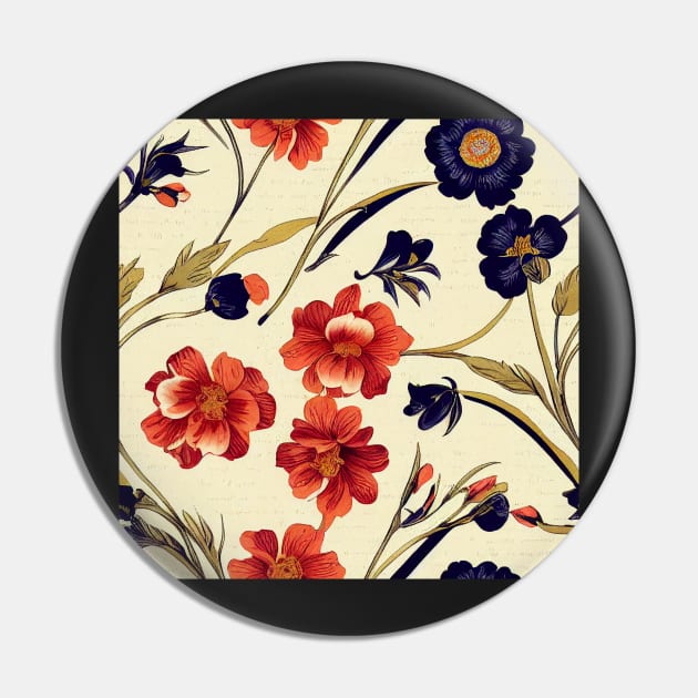 Pretty Orange Red and Deep Blue Flower Pattern on Dark Background Pin by VintageFlorals