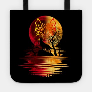 yellow red moon wolf 2 Tote