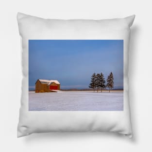 Winter Barn and Conifers Pillow