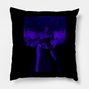 Portrait, digital collage and special processing. Angel in underpants in room. Astonishing. Dark blue. Pillow