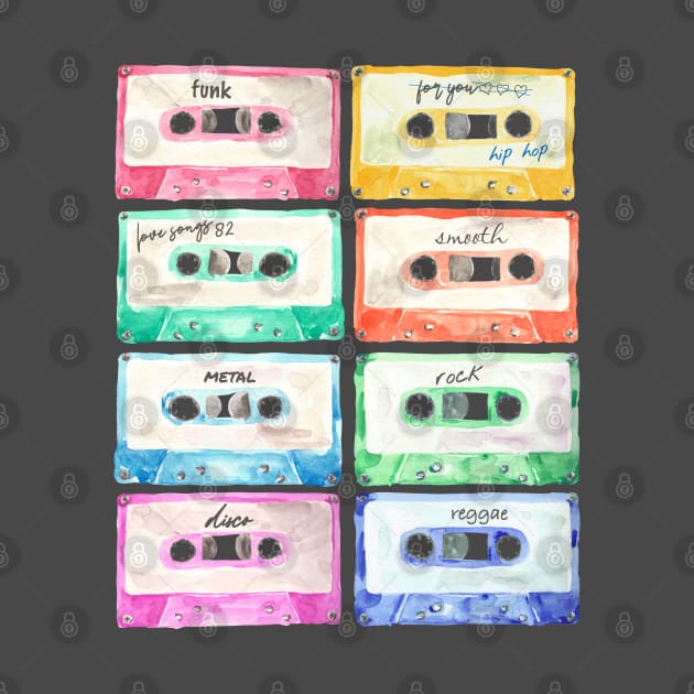 Colorful cassettes watercolors composition by marufemia