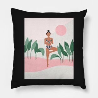 Yoga morning, Girl, Mid century art Pillow