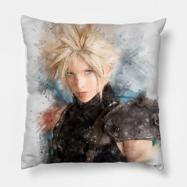 Cloud Strife watercolor Pillow by PetsArt