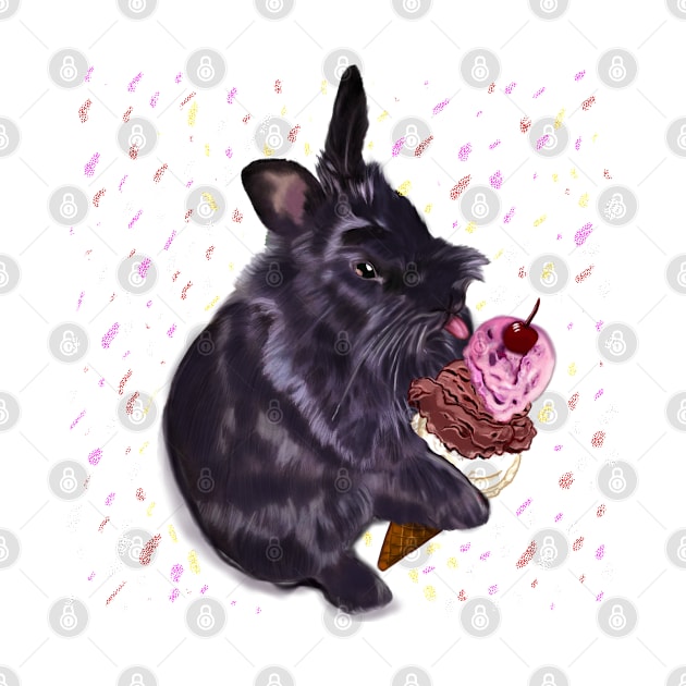 bunny rabbit sprinkles! cute  ebony colored coloured lionhead bunny rabbit  licking a three scoop icecream by Artonmytee