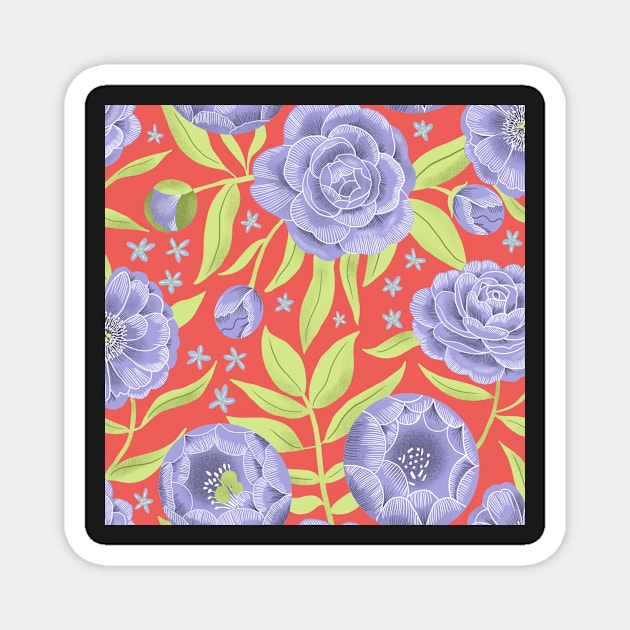 Purple peonies on orange Magnet by Papergrape