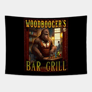 Woodbooger's Bar and Grill Sasquatch Bigfoot Funny Tavern Drinking Tapestry