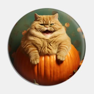 Retro Vintage: Chubby Cat and Pumpkin - Whimsical Autumn Halloween Delight Pin