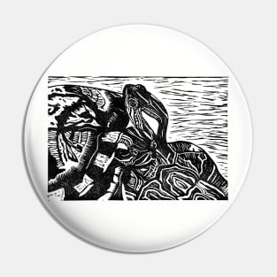 Turtle Buddies Pair Linocut (black/white) Pin