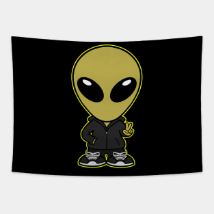 Space Alien Extraterrestrial Peace Hand Sign (Yellow) Tapestry