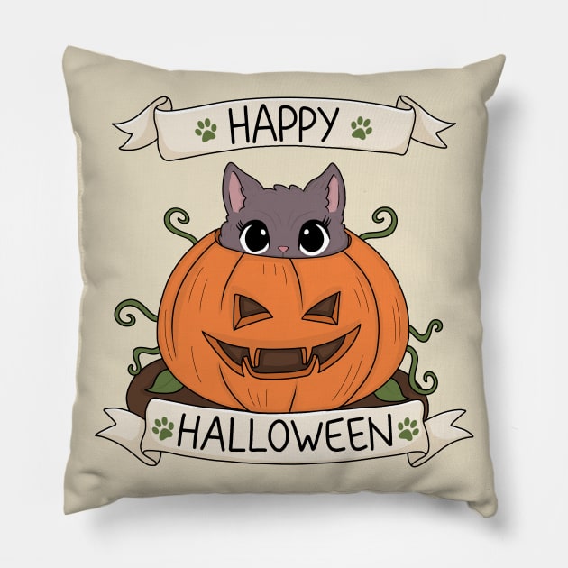 Cute Cat in Pumpkin - Halloween Pillow by valentinahramov