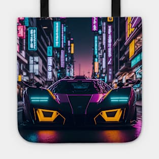 Dark Neon Sports Car in Japanese Neon City Tote