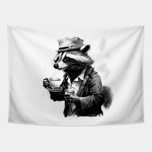 Raccoon in gentleman hat coffee lover Tapestry