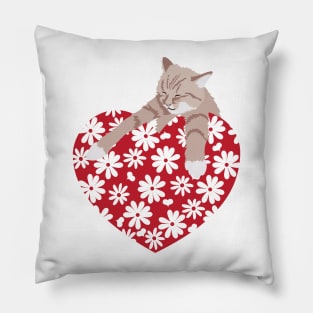 I Love Cats red heart with daisy flowers Pillow