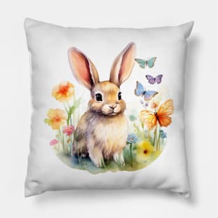 Floral Bunny Butterflies Watercolor Pillow