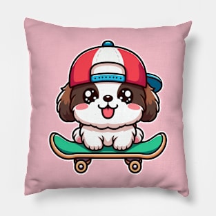 Shih Tzu Puppy Skater Kawaii Skateboarding Dog Lover Pillow
