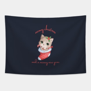 Blue Illustrated Cute Christmas Cat Tapestry