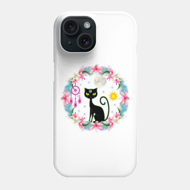 Dream Catcher Moon Stars Sun Black Wiccan Cat Phone Case by Atteestude