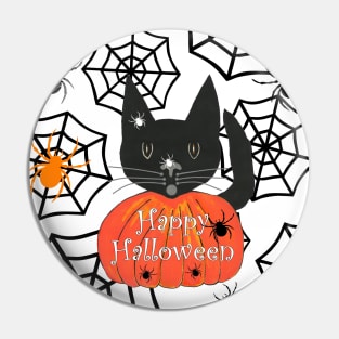 BLACK Cat Halloween With Spiders Pin