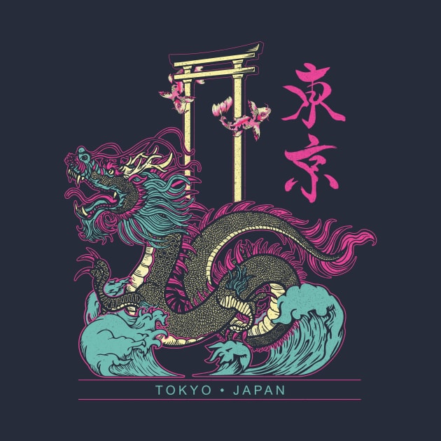 Japanese Tokyo Dragon Asian inspired Neon retro 80’s style by bigraydesigns