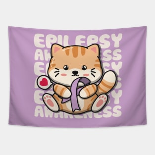 Cute Cat Holding Epilepsy Awareness Ribbon Tapestry