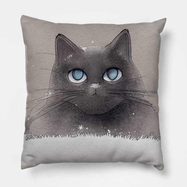 Blue Eyed Gray Cat in Snow Pillow by fistikci