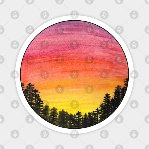 Watercolor Sunset Forest Scene Magnet by MysticMagpie