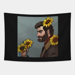 Rosary Boxer holding Sunflowers Tapestry