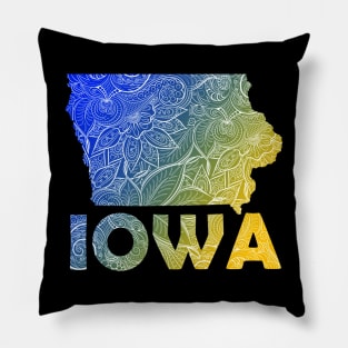 Colorful mandala art map of Iowa with text in blue and yellow Pillow