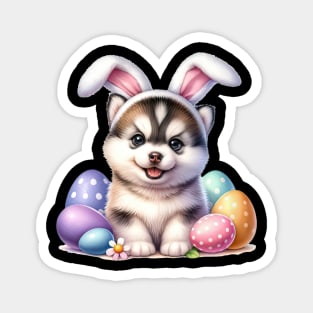 Puppy Siberian Husky Bunny Ears Easter Eggs Happy Easter Day Magnet